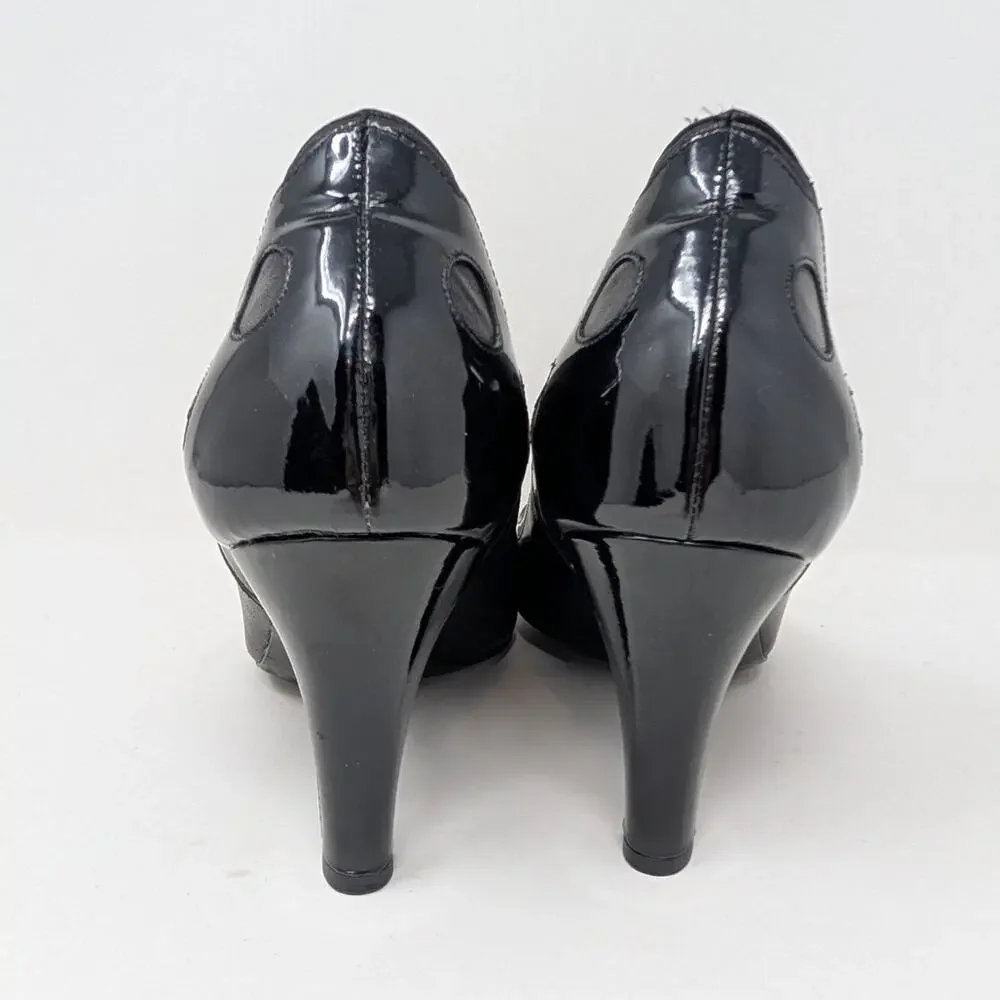 Chanel Black Leather Patent CC Logo Peep Toe Pumps Heels 36